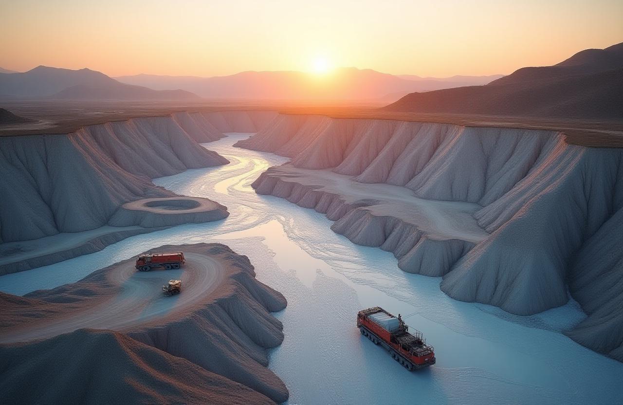 Vista aérea de una cantera de mármol moderna y bien organizada al atardecer.